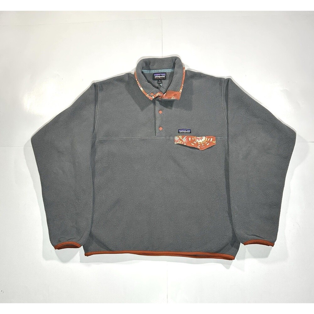 Patagonia Snap-T Pullover Floral Orange Synchilla Gray Mens Size Medium Outdoors